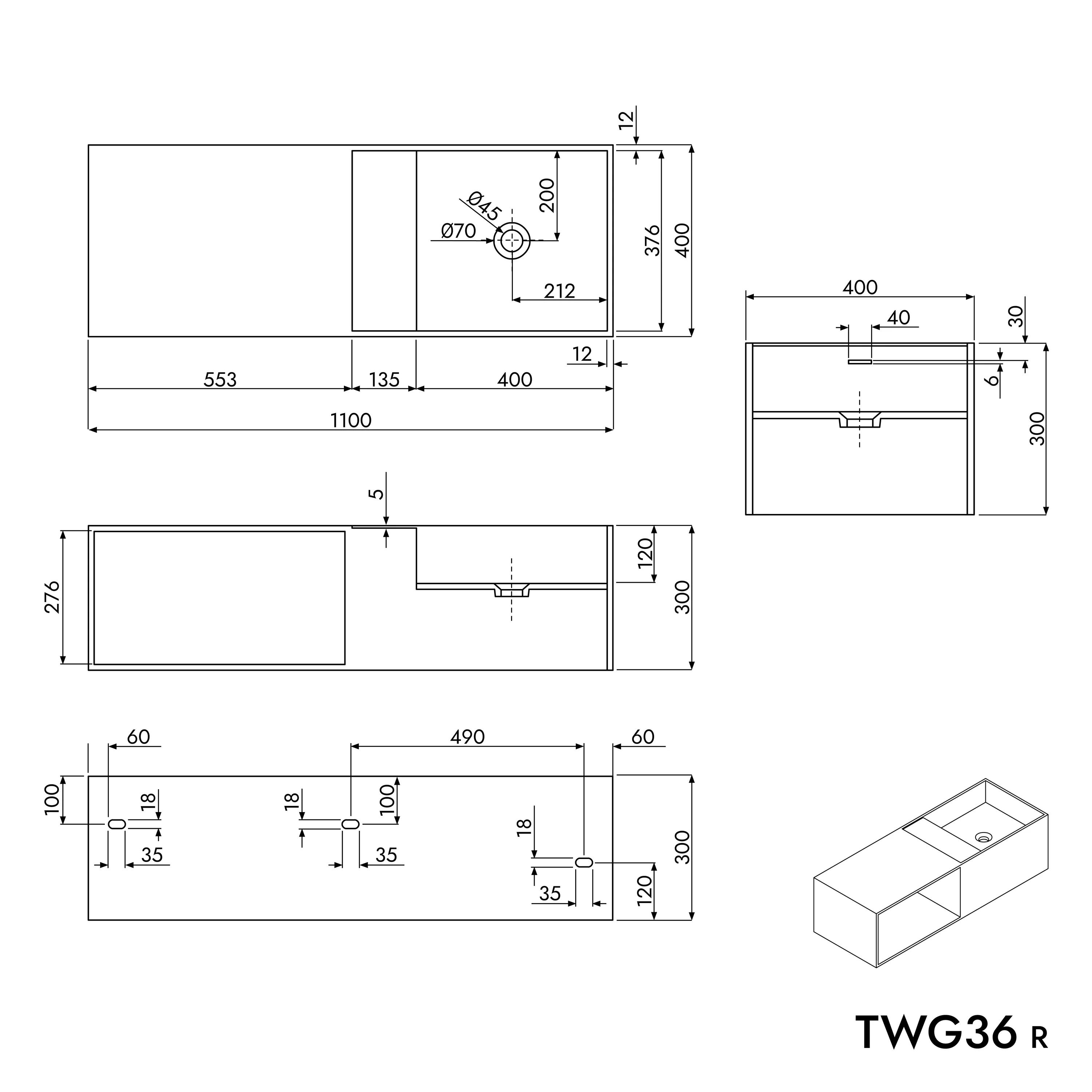 Umywalka ścienna TWG36 z odlewu mineralnego - Image 2