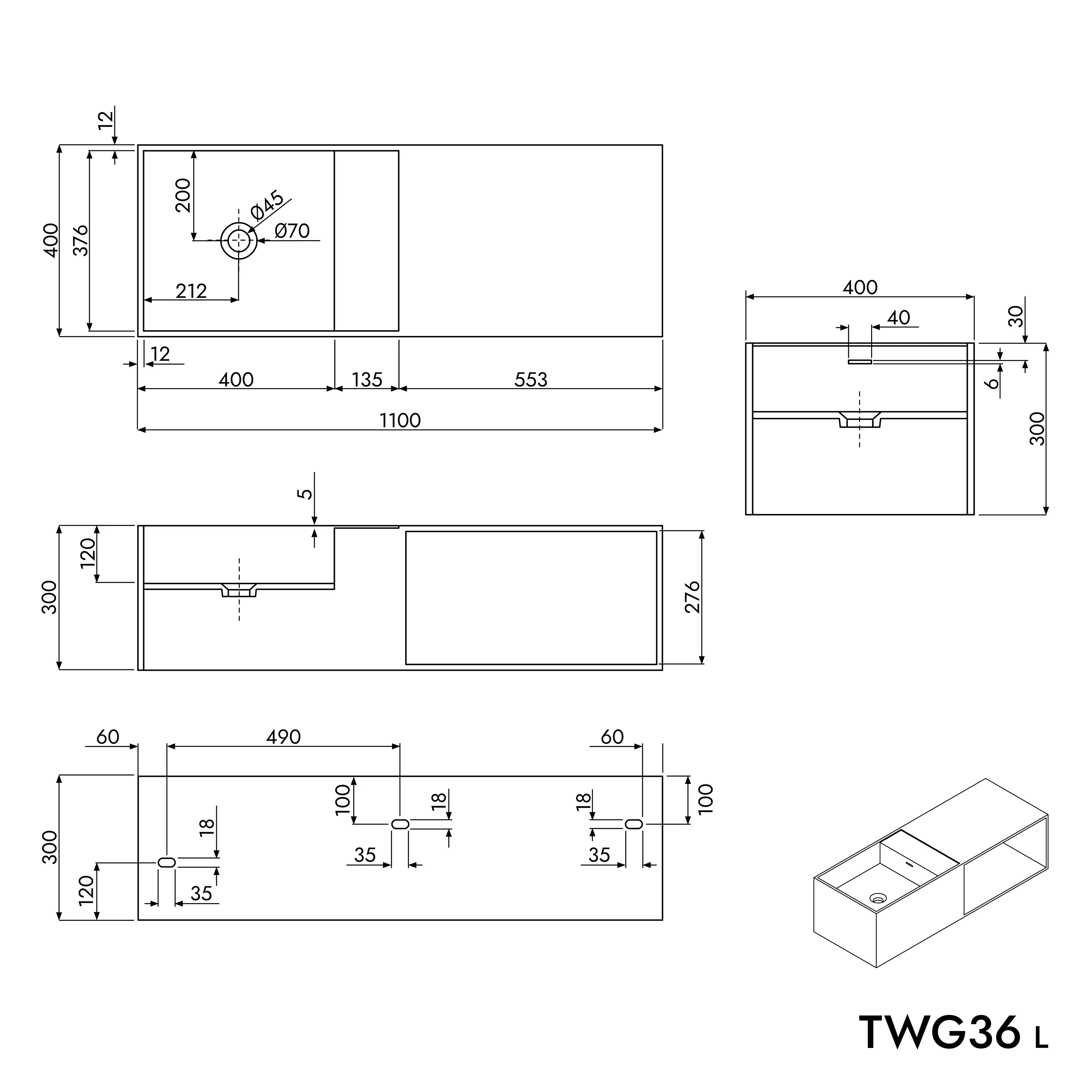 Umywalka ścienna TWG36 z odlewu mineralnego - Image 2